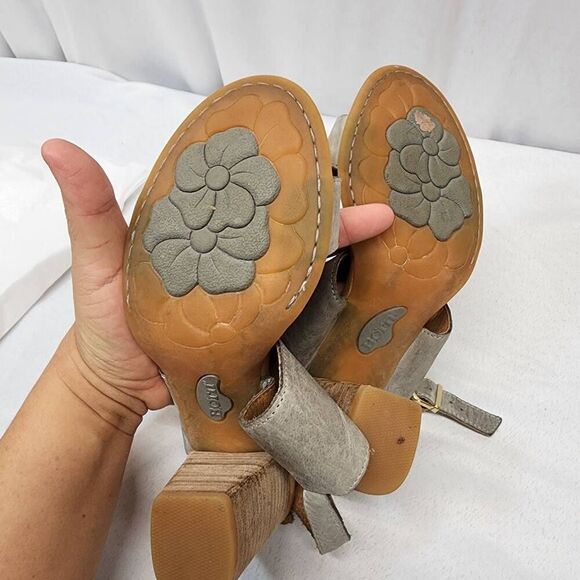 Born Women's 8M Slingback Sandals Gray Leather Double Strap Open Toe Block Heel - Picture 6 of 6